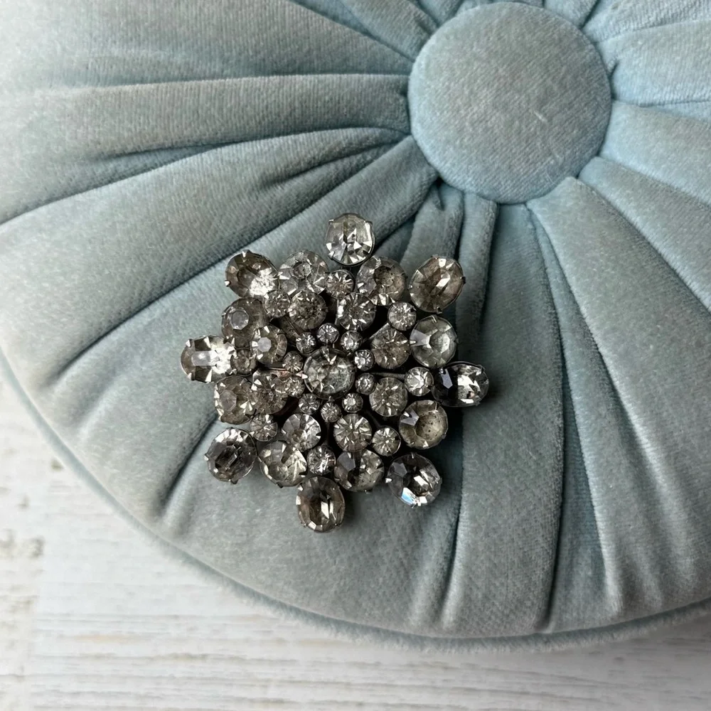 Vintage MCM Coro Rhinestone Brooch Signed Silvertone Snowflake Dome Sunburst